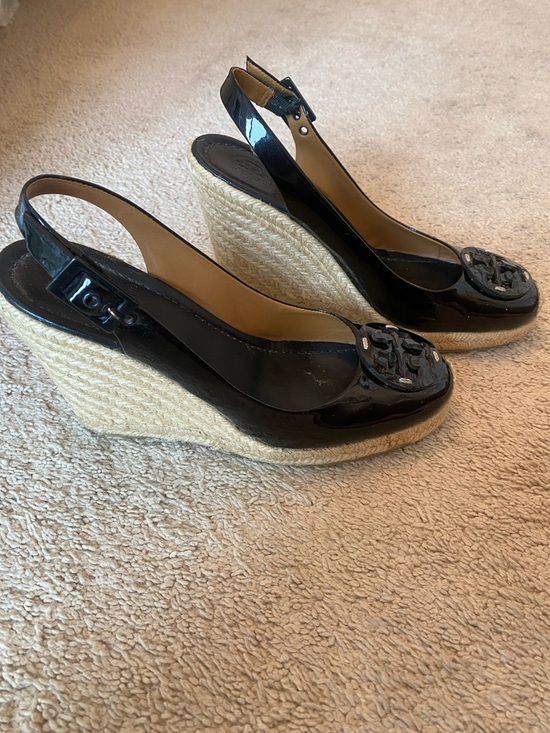 Tory Burch Shoes - Tory Burch Black Patent Espadrille Wedge Slingback with Logo Toe